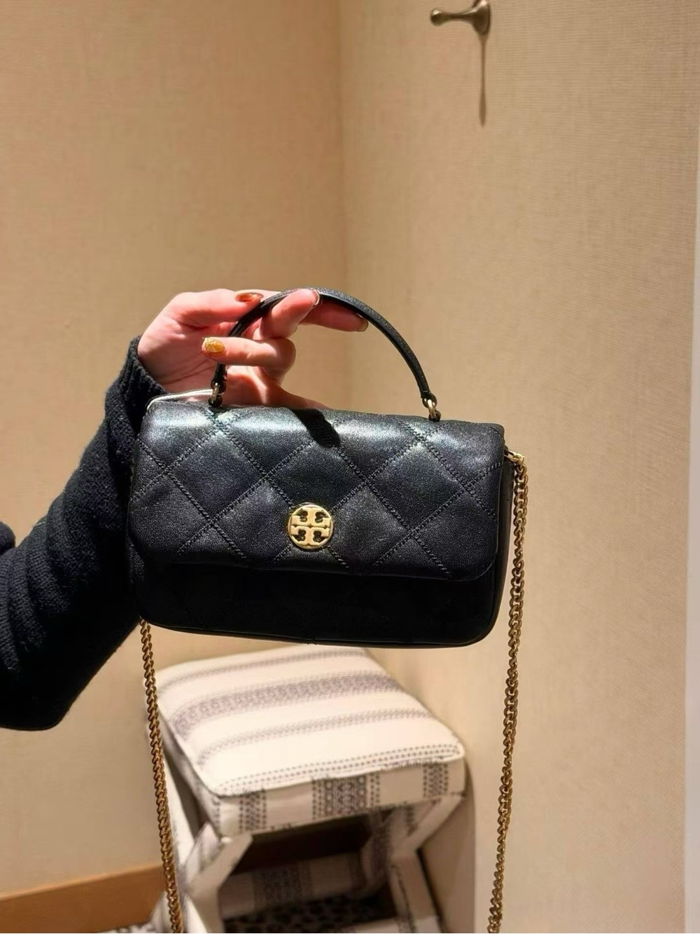 Tory Burch Willa Black Leather Top Handle Bag Crossbody Purse 167621